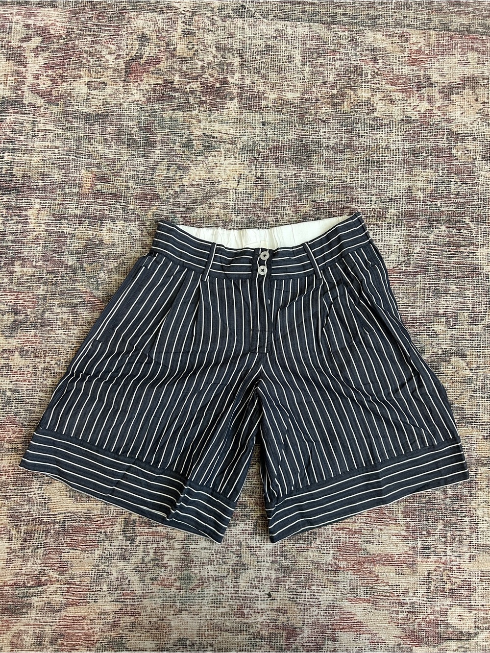 Anthropologie Navy and White Pinstripe High-Waist Shorts